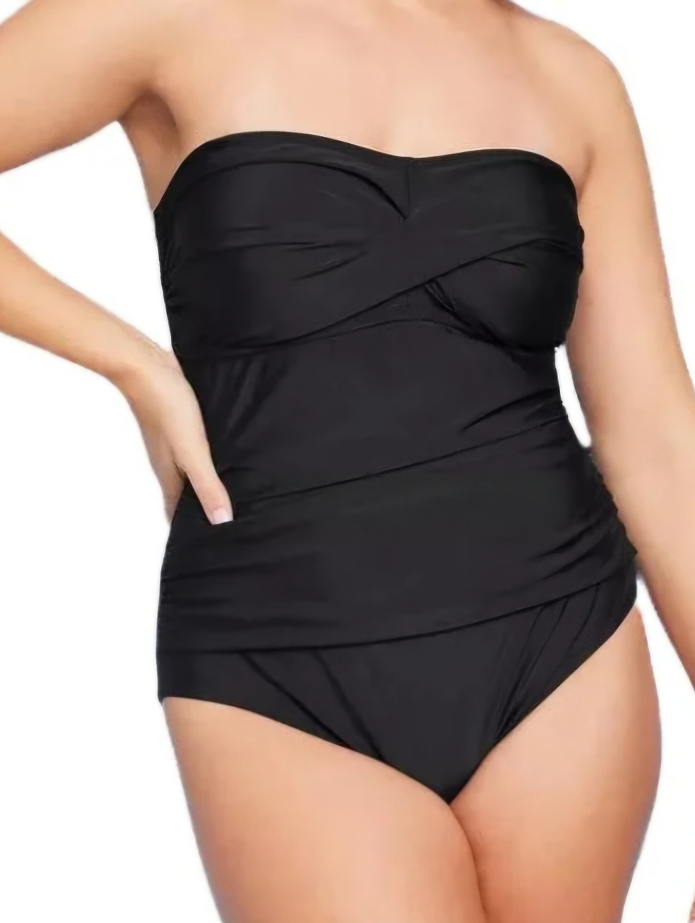 Black Strapless Ruched One-Piece Swimwear With Option To Add Strap
